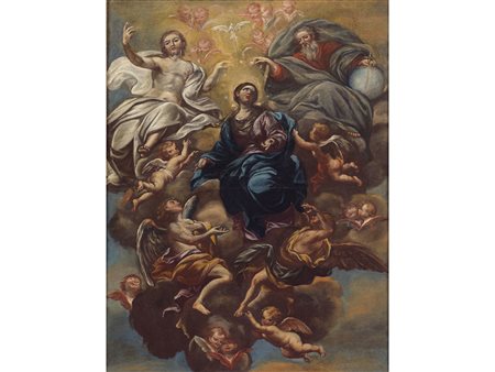 Scuola napoletana (XVII secolo) Madonna in Gloria tra santi e Cherubini Olio...
