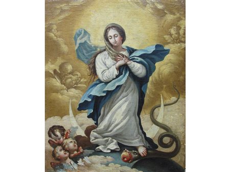Scuola spagnola (XVIII secolo) Immacolata Concezione Olio su tela Senza...