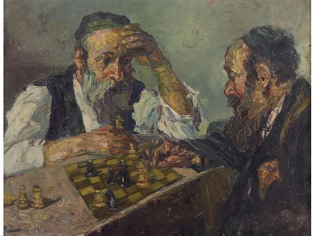 Erno Erb (1878-1943) La partita di scacchi Olio su cartone Piccola usura...