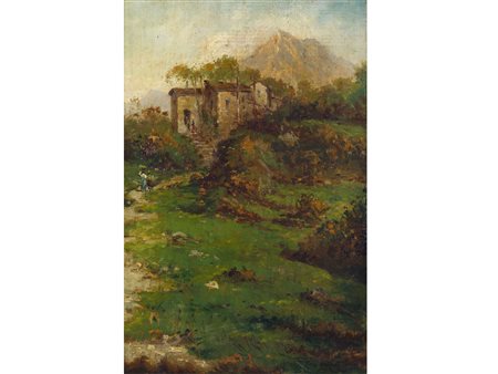Anonimo (XX secolo) Paesaggio fluviale Olio su cartone Misure: 44,5x34,5 cm