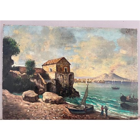Dipinto olio su tela XX secolo, raffigurante Scorcio di Marina napoletana....