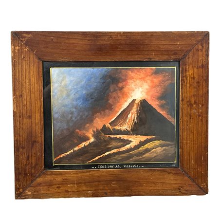 Dipinto Gouache XX secolo raffigurante Eruzione ravvicinata del Vesuvio....
