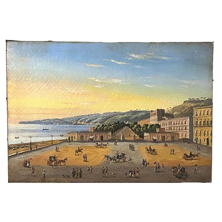 Dipinto olio su tela, raffigurante Veduta della Villa Reale a Napoli, XX...