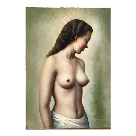 Dipinto olio su tela, raffigurante Ritratto di donna col seno in vista,...