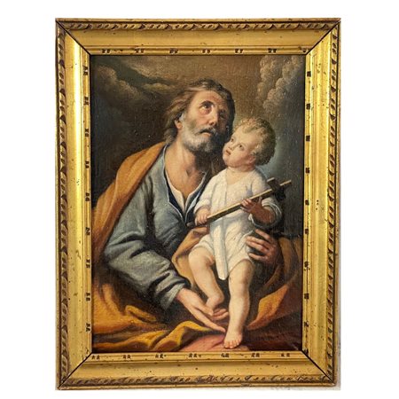 Dipinto olio su tela, raffigurante San. Giuseppe con Bambino. XX secolo. Alla...
