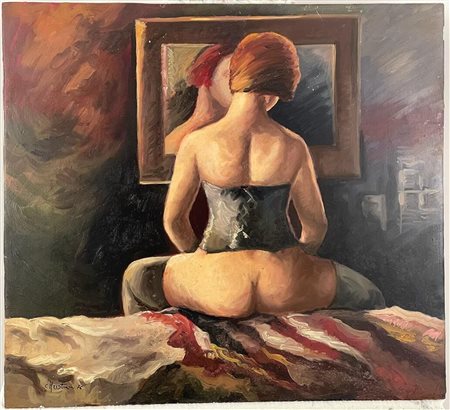 Dipinto olio su tavola, raffigurante Donna di spalle, XX secolo. Artista non...
