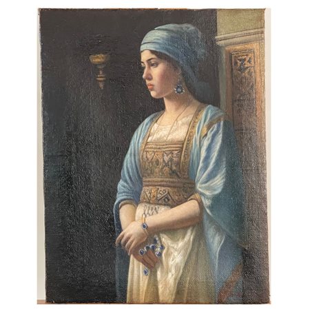 Olio su tela di matrice orientalista raffigurante Donna con turbante. Artista...