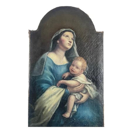 Accademico Olio su tela scuola Italiana del XX secolo raffigurante Vergine e...