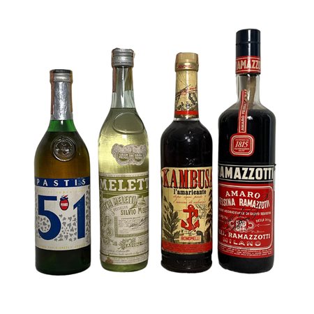 4 Bottiglie di Liquori PASTIS 51 75cl 45%vol KAMBUSA 75cl 32%vol RAMAZZOTTI...