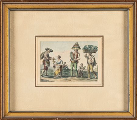 Scuola napoletana, secolo XIX - Venditore di olio, tamburaio e caraffaro