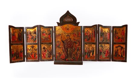 Iconografo russo del XIX secolo Iconostasi portatile raffigurante Madonna con...