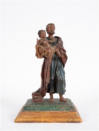 Scultore italiano del XVIII secolo San Giuseppe col Bambino legno policromo...