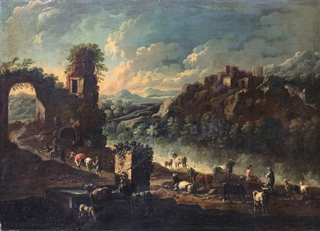 Cajetan Roos (Roma 1690-Vienna 1770) Veduta di Tivoli dall'Aniene con le...