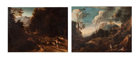 Gaspard Dughet (scuola di) (Roma 1615-Roma 1675) a) Paesaggio arcadico con...
