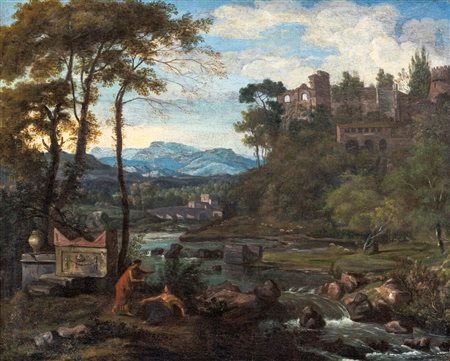 Gaspard Dughet (Roma 1615-Roma 1675) Paesaggio lacustre con personaggi e...
