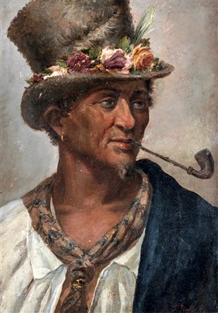 Bartolomeo Pinelli (Roma 1781-Roma 1835) Autoritratto olio su cartone cm...