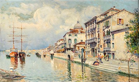 Antonio María Reyna Manescau (Coin 1859-Roma 1937) Canale a Venezia olio su...