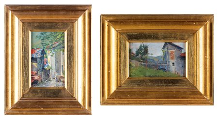 Adriano Cecchi (1850-1936) Coppia di paesaggi olio su tavola 1) cm 13x9; 2)...