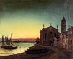 Luigi Querena (Venezia 1824-Venezia 1887) Il tramonto a Santa Marta 1859 olio...