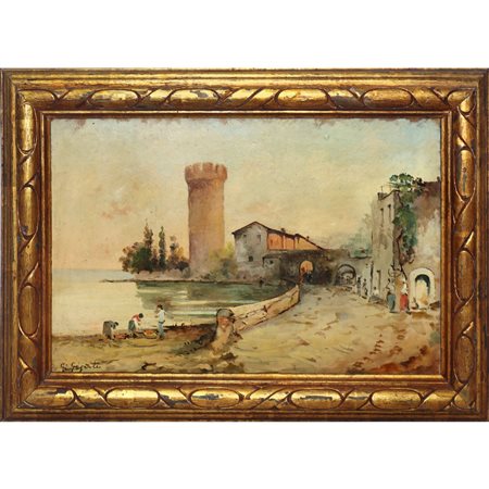Giacinto Gigante (attribuito a) (Napoli 11/07/1806-Napoli 29/09/1876)  - Golfetto con torre antica e personaggi, nineteen° secolo