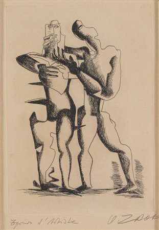 Ossip Zadkine (Smolensk 1890 – Parigi 1967), “Hauteurs inimaginables ou l’homme combat” da “Sept Calligrammes d’Apollinaire”, 1967.