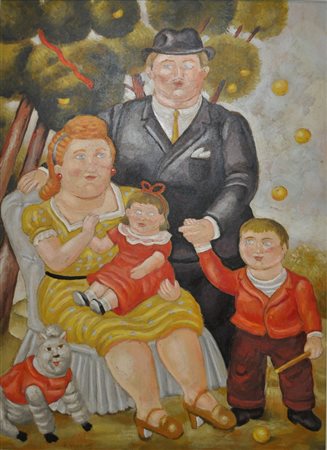ROBERTO SGUANCI La famiglia (omaggio a Botero) Olio su cartone cm. 70x50...
