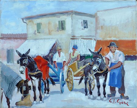GINO PAOLO GORI Contadini al mercato di Novoli, 1967 Olio su tela cm. 50x60...