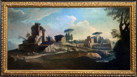 Andrea Locatelli (attribuito a) (Roma 19.02.1695-Roma 19.02.1741)  - Veduta del Tevere a carattere a