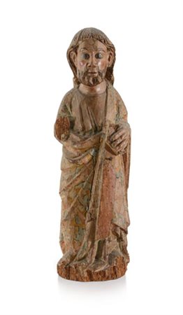 SCULTORE DEL XVI SECOLO Figura di santo Legno dipinto e dorato, alt. cm 64;...