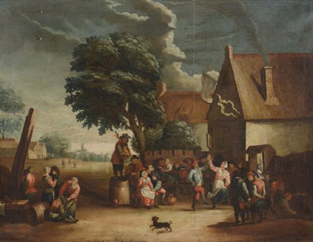 PITTORE DEL XX SECOLO Scena di festa in cortile (da Teniers) Olio su tela, cm...