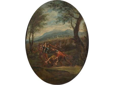 Scuola italiana (XVIII secolo) Scena di lotta Olio su tavoletta Senza cornice...
