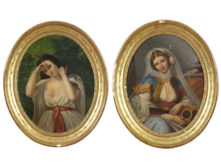 Anonimo (XIX secolo) Coppia di dipinti Ritratti di giovani fanciulle Olio su...