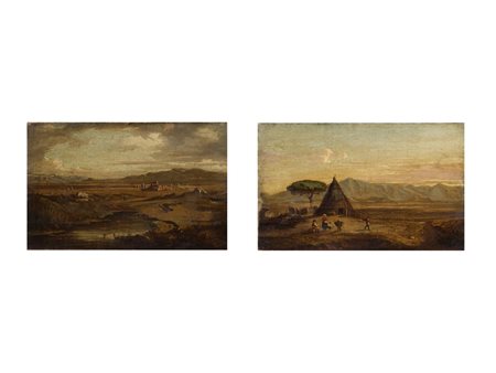 Firma illeggibile (XIX secolo) Coppia di paesaggi Olio su tela Senza cornice...