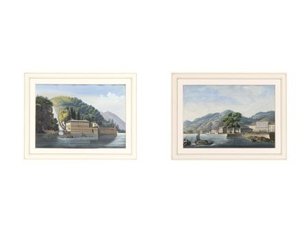 Anonimo (XIX secolo) Coppia di dipinti Paesaggi lacustri Acquarello su carta...