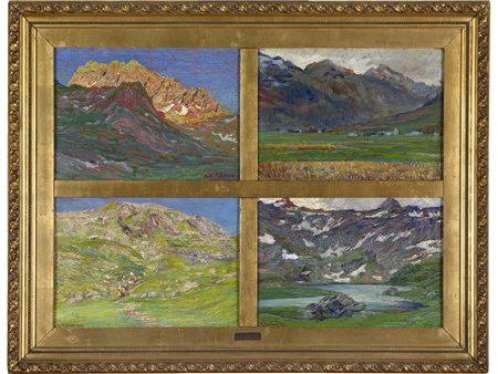 Romano Valori (1886-1918) Quattro dipinti in un'unica cornice Paesaggi Olio...