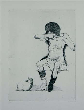 Plattner Karl La ragazza e il gatto litografia su carta, cm. 63x50 (lastra...