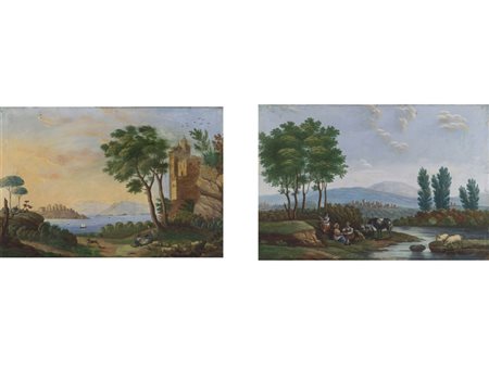 Scuola italiana (inizio XIX secolo) Coppia di Paesaggi Tempera su carta...