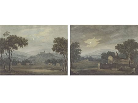 Scuola italiana (inizio XIX secolo) Coppia di Paesaggi notturni Tempera su...