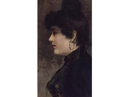 Anonimo (XX secolo) Profilo di donna con orecchino Olio su tela Misure 46x26 cm