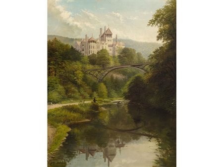 A. Drinkwater (XIX-XX secolo) Paesaggio con castello Olio su tela Firmato e...