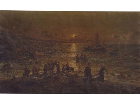 R. Vannini (XIX-XX secolo) Pesca notturna Olio su tela Da restaurare Misure...