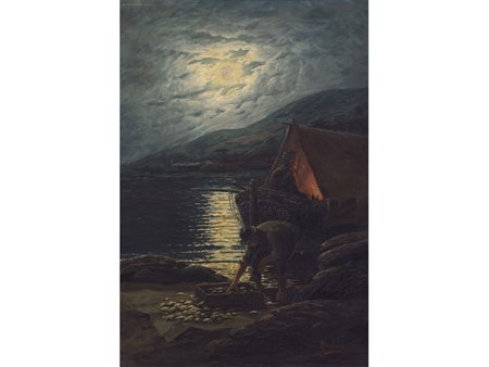 A. Bertoni (XX secolo) Al chiar di luna Olio su tela Misure 52x37 cm