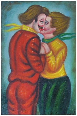 SALVO LOMBARDO Favara 1948 The kiss Olio su tavola 30 x 20. Firma in b. a d....