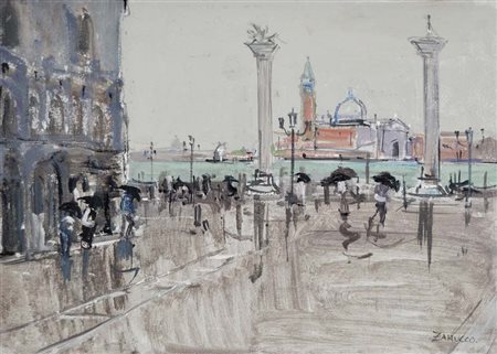 ZANUCCO PAOLO Venezia 1964 Pioggia in Piazza San Marco olio su cartone telato...