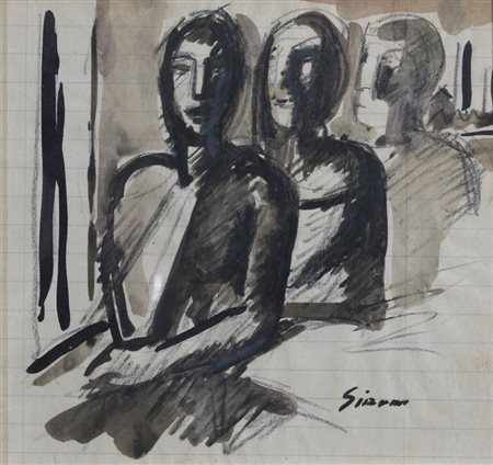 SIRONI MARIO (Sassari 1885 - Sassari 1961) "Tre figure" Matita grassa e china...