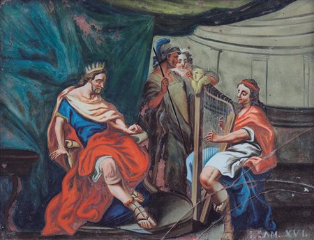 PITTORE DEL XVII SECOLO Davide e SaulOlio su vetro, cm. 24x31,5; rottura.