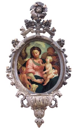 PITTORE DEL XVIII SECOLO Sacra Famiglia con San GiovanninoOlio su vetro...