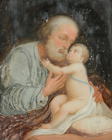PITTORE DEL XVIII SECOLO San Giuseppe con Bambino Olio su vetro, cm 23x18.