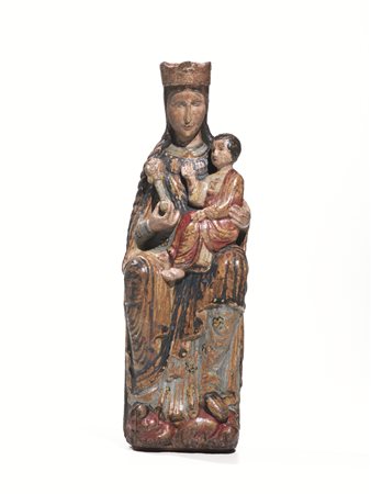 SCULTURA, SECOLO XVIin legno intagliato e dipinto raffigurante Madonna col...
