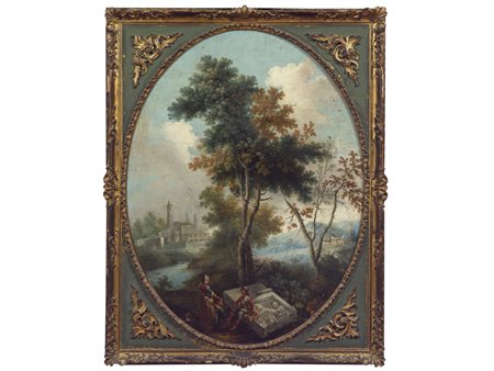 Scuola italiana (XVIII secolo) Paesaggio cn figure e rovine Olio su tela...